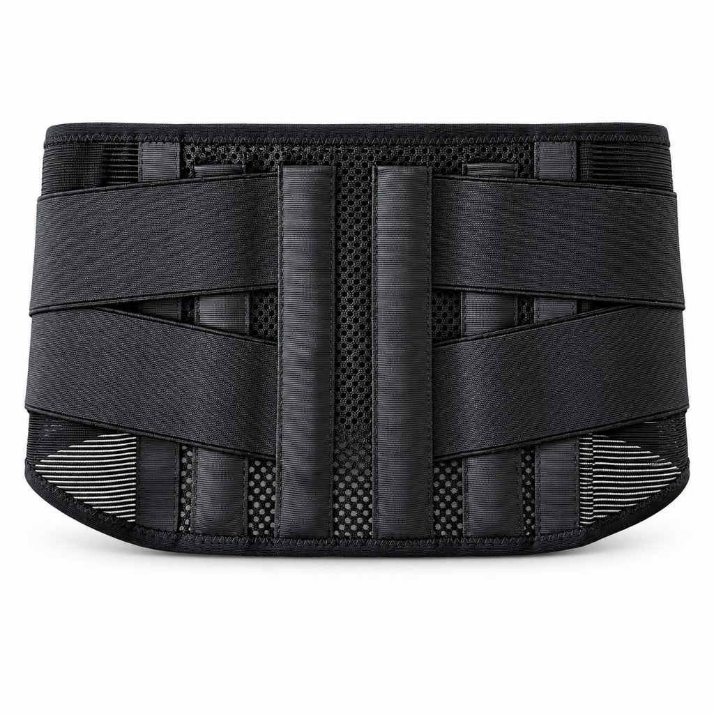 Narrow design, unrestricted movement, four manganese steel plates support, reduce lumbar pressure, two-way elastic compression belt, fit waist, stabilize lumbar vertebrae