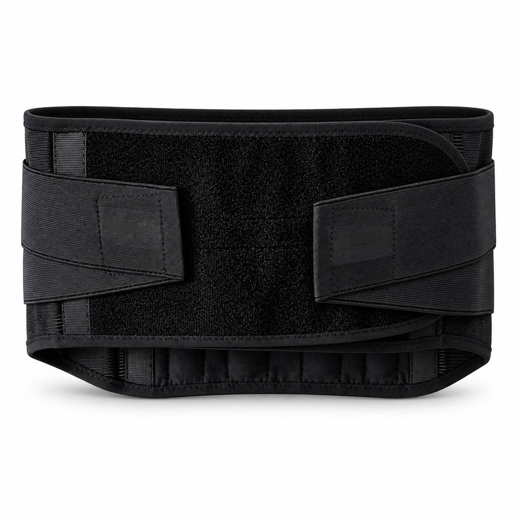 Narrow design, unrestricted movement, four manganese steel plates support, reduce lumbar pressure, two-way elastic compression belt, fit waist, stabilize lumbar vertebrae