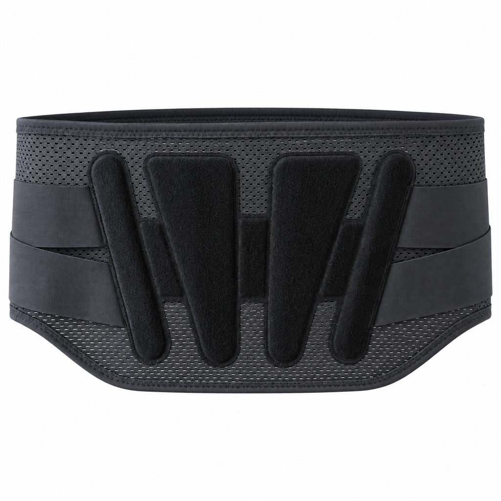 Lumbar spine fixator, thin breathable fever physiotherapy, multi-layer composite structure hot pressing technology, release traction balloon, correct lumbar vertebra, two groups of supporting steel plate, stick and lumbar vertebra curve,
